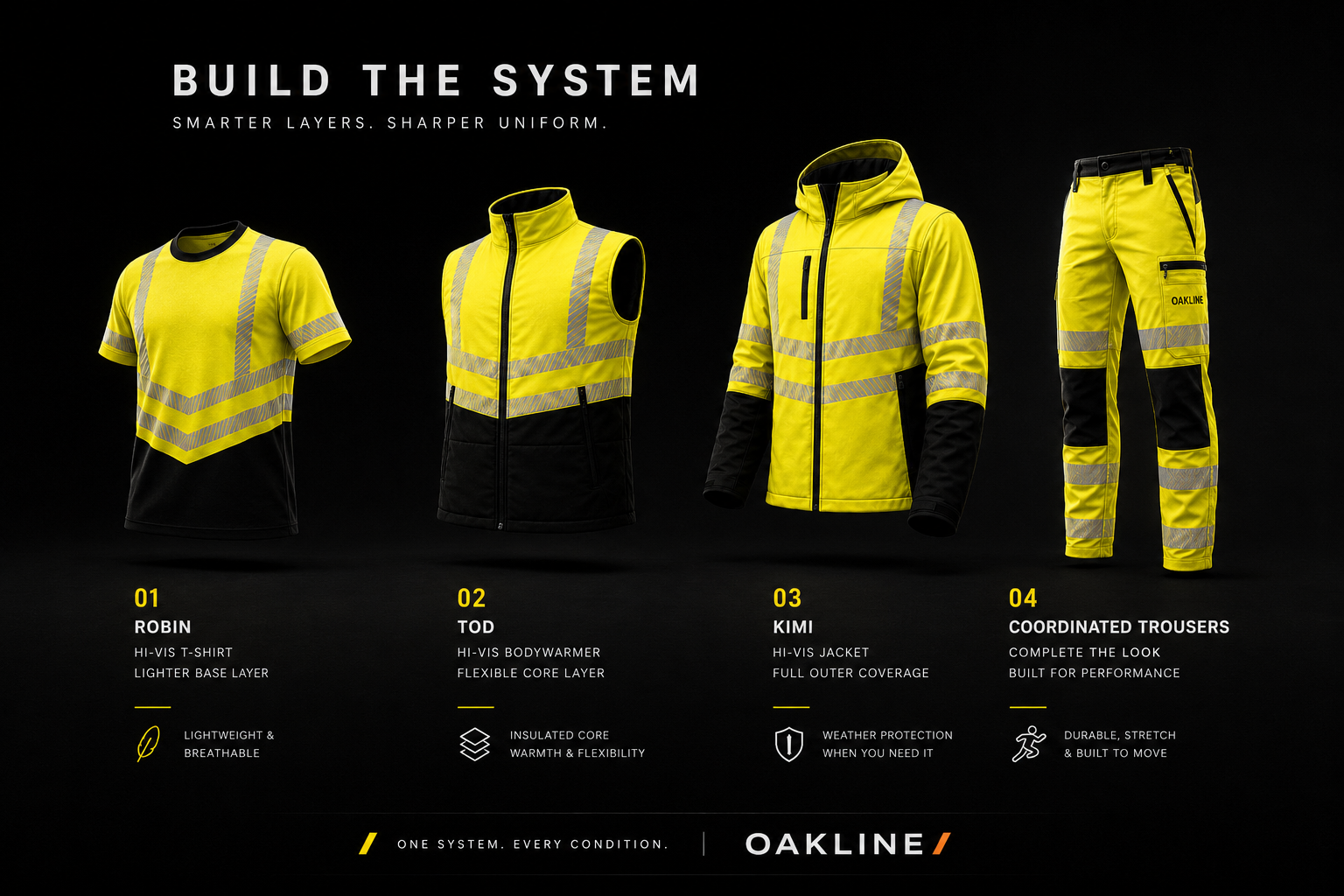 High-visibility yellow workwear set with reflective strips