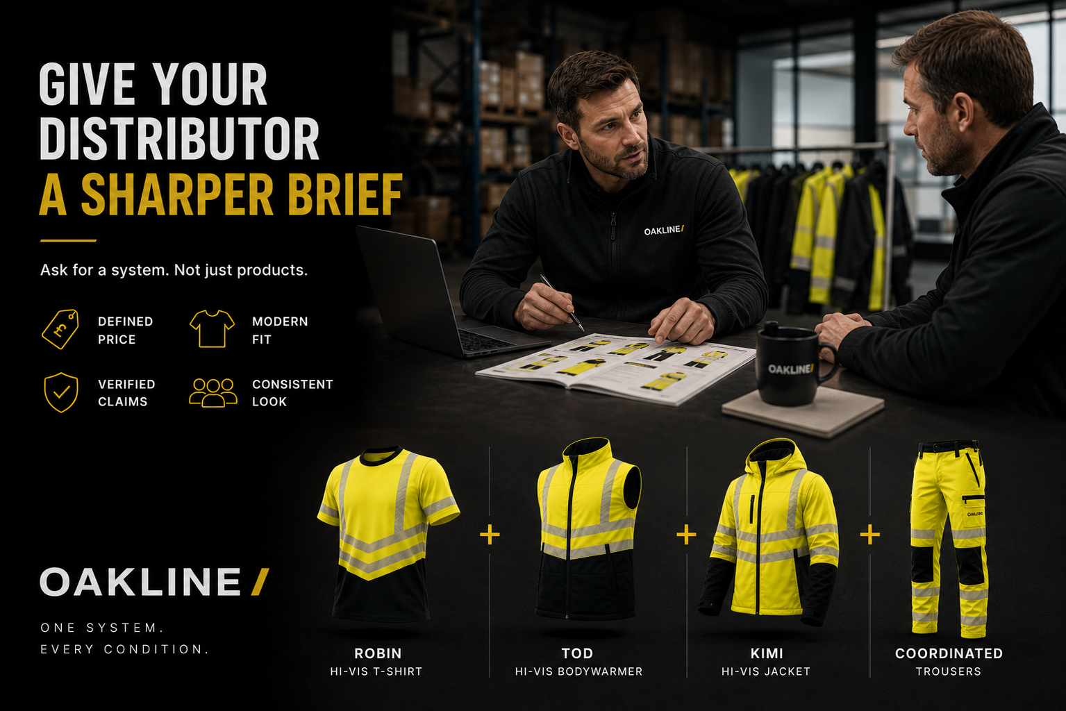 Two men reviewing hi-vis workwear in warehouse