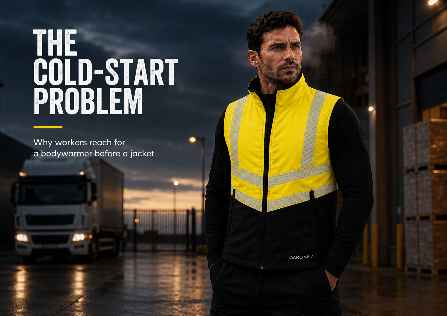 Worker wearing hi-vis bodywarmer at industrial site