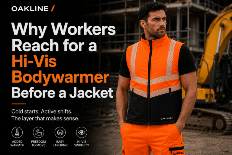 Construction worker wearing orange hi-vis bodywarmer on site