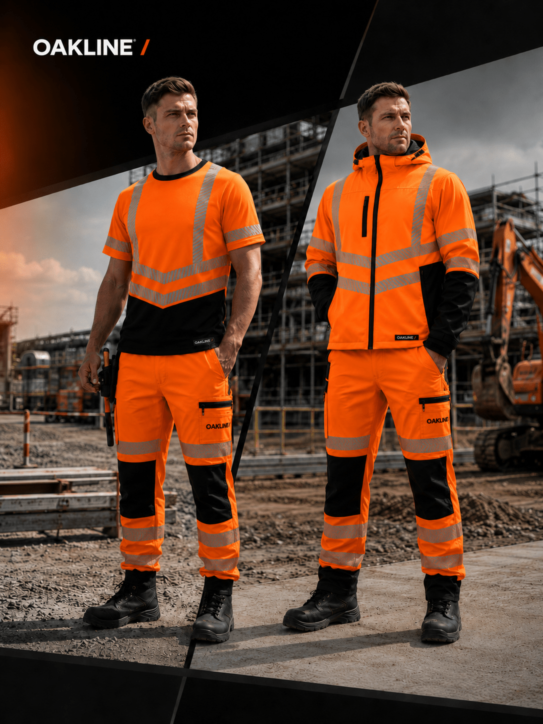 Construction workers in orange high-visibility safety workwear