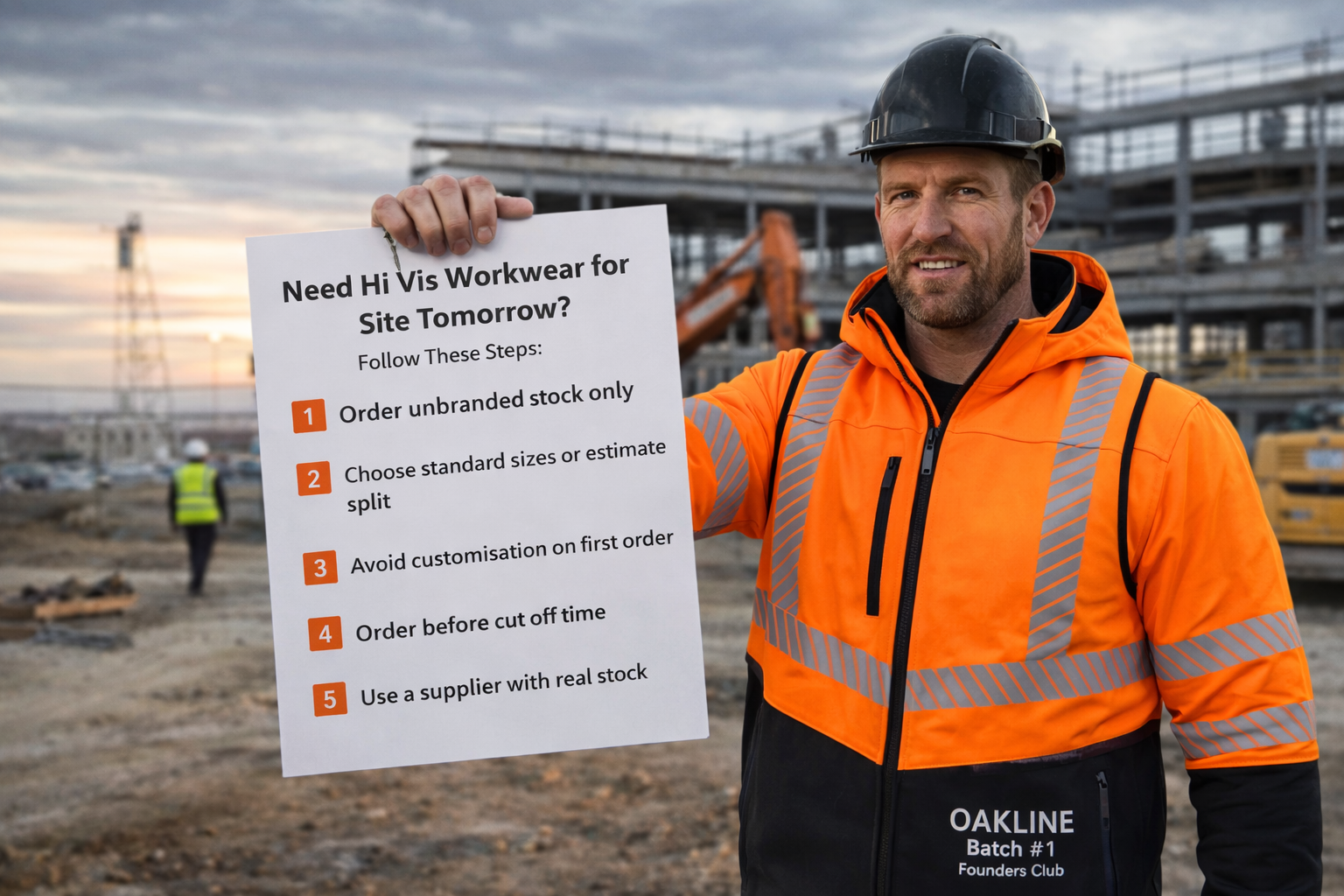 Construction worker holding hi-vis workwear advice sign
