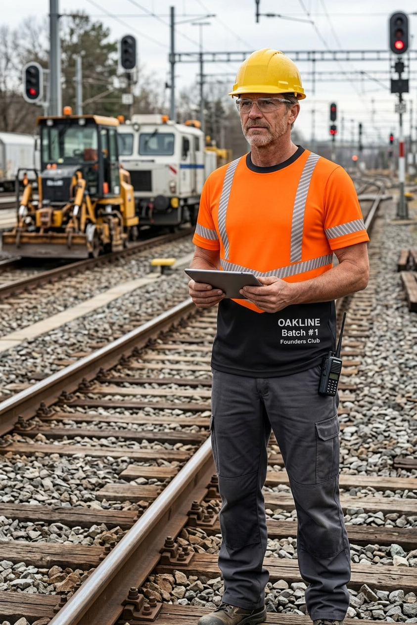 OAKLINE The Robin Hi Vis T Shirt in orange - older rail worker stood on tracks