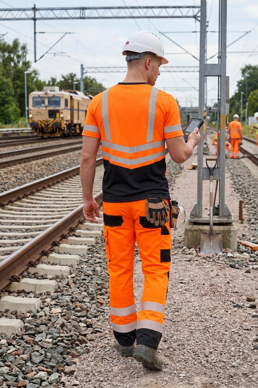 OAKLINE The Robin Hi Vis T Shirt in orange - rear - walking along the railway
