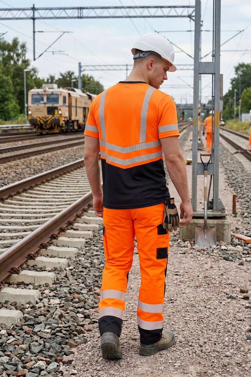 OAKLINE The Robin Hi Vis T Shirt in orange - rear - walking along the rail way