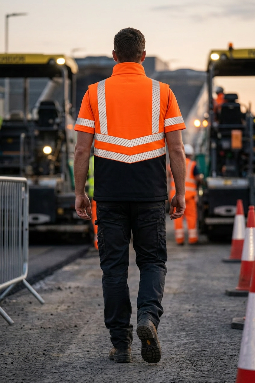 OAKLINE The Tod Hi Vis Bodywarmer in orange - rear - walking down a highway
