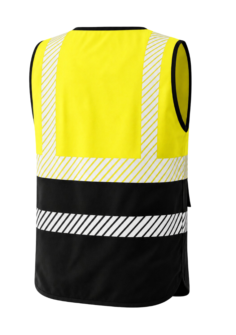 Yellow and black high-visibility safety vest back view