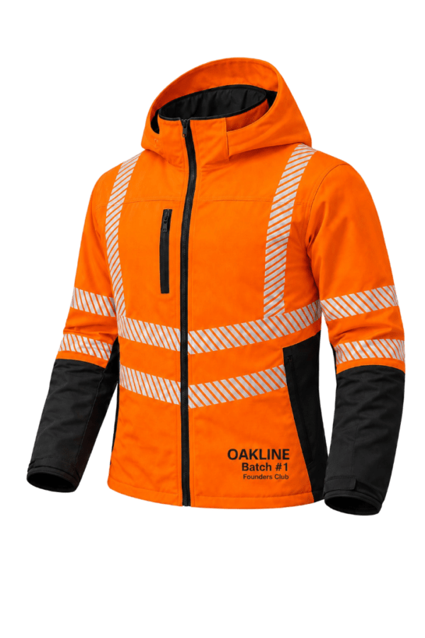 Orange high-visibility hooded jacket with reflective stripes