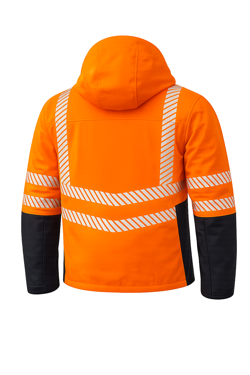 High-visibility orange hooded jacket with reflective stripes