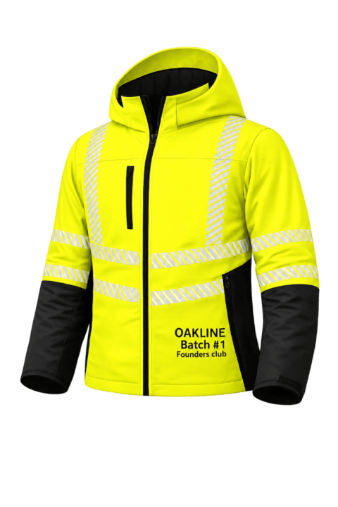 High-visibility yellow hooded jacket with reflective stripes