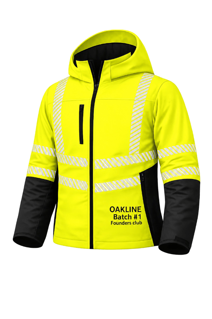 High-visibility yellow hooded jacket with reflective stripes