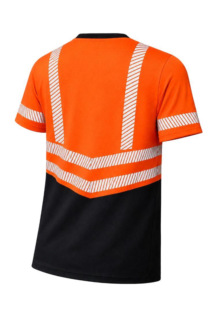 Orange and black high-visibility safety T-shirt back view