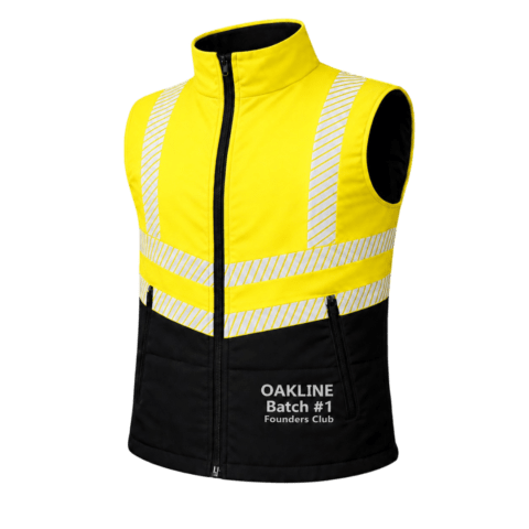 High-visibility yellow and black safety gilet