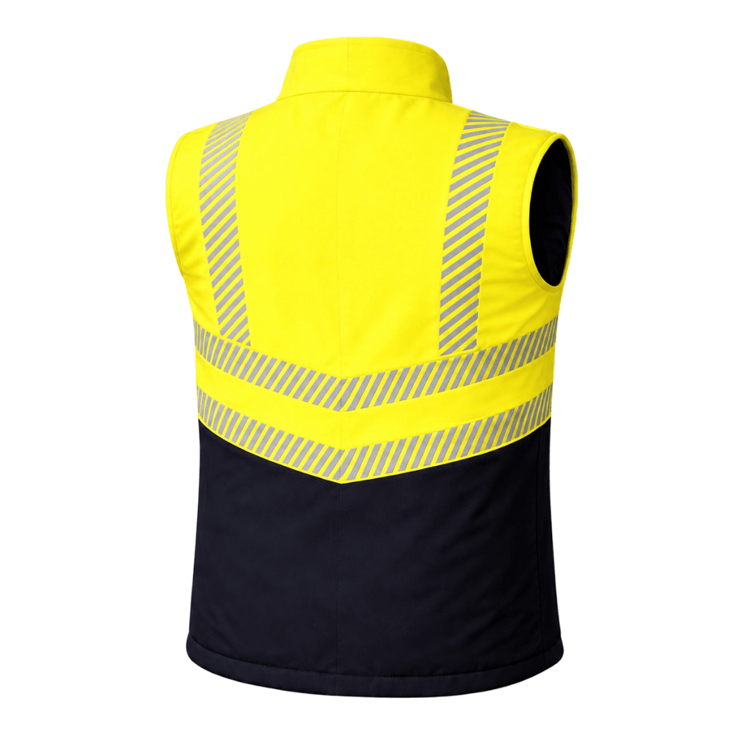 High-visibility yellow and navy safety vest back