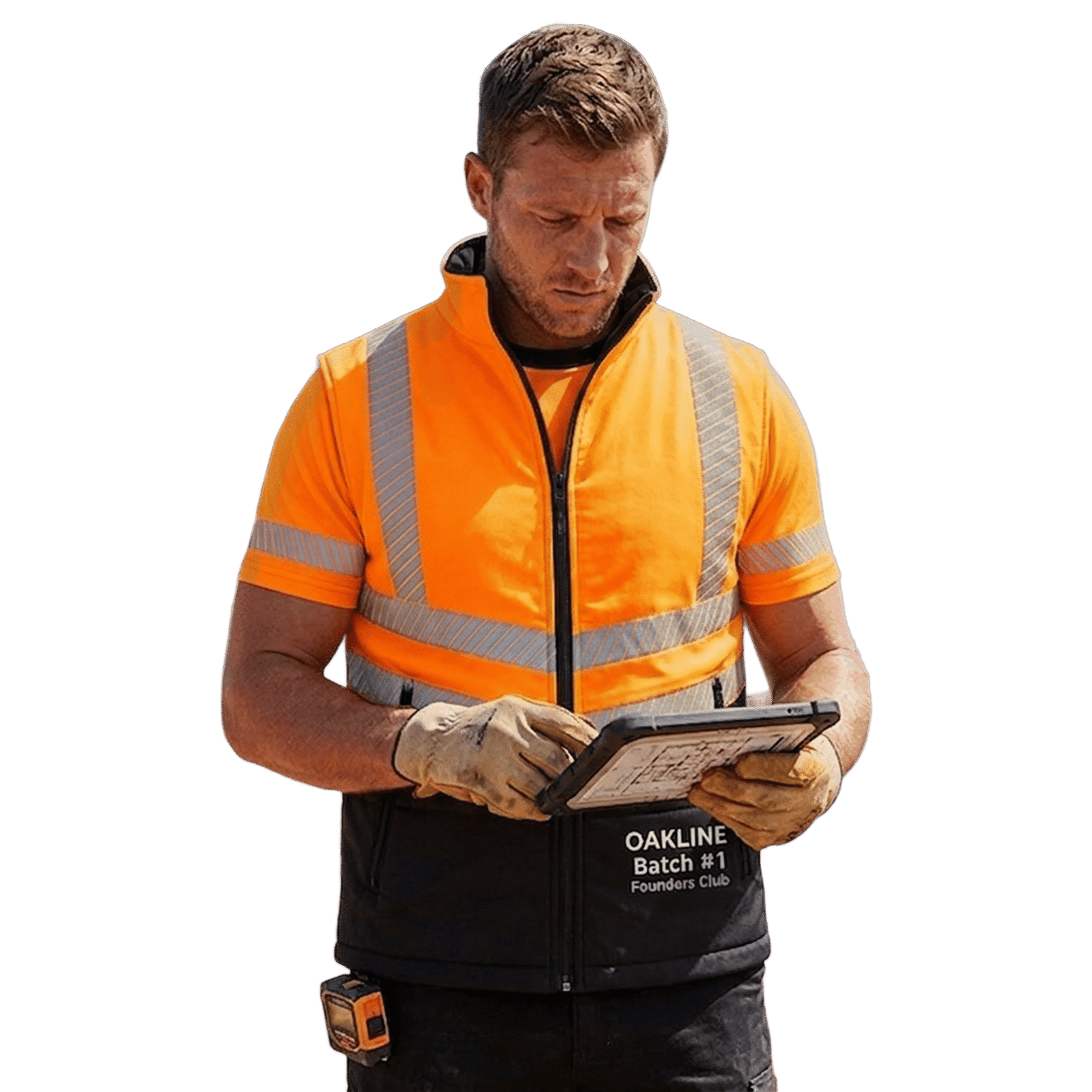 Construction worker in hi-vis vest using tablet