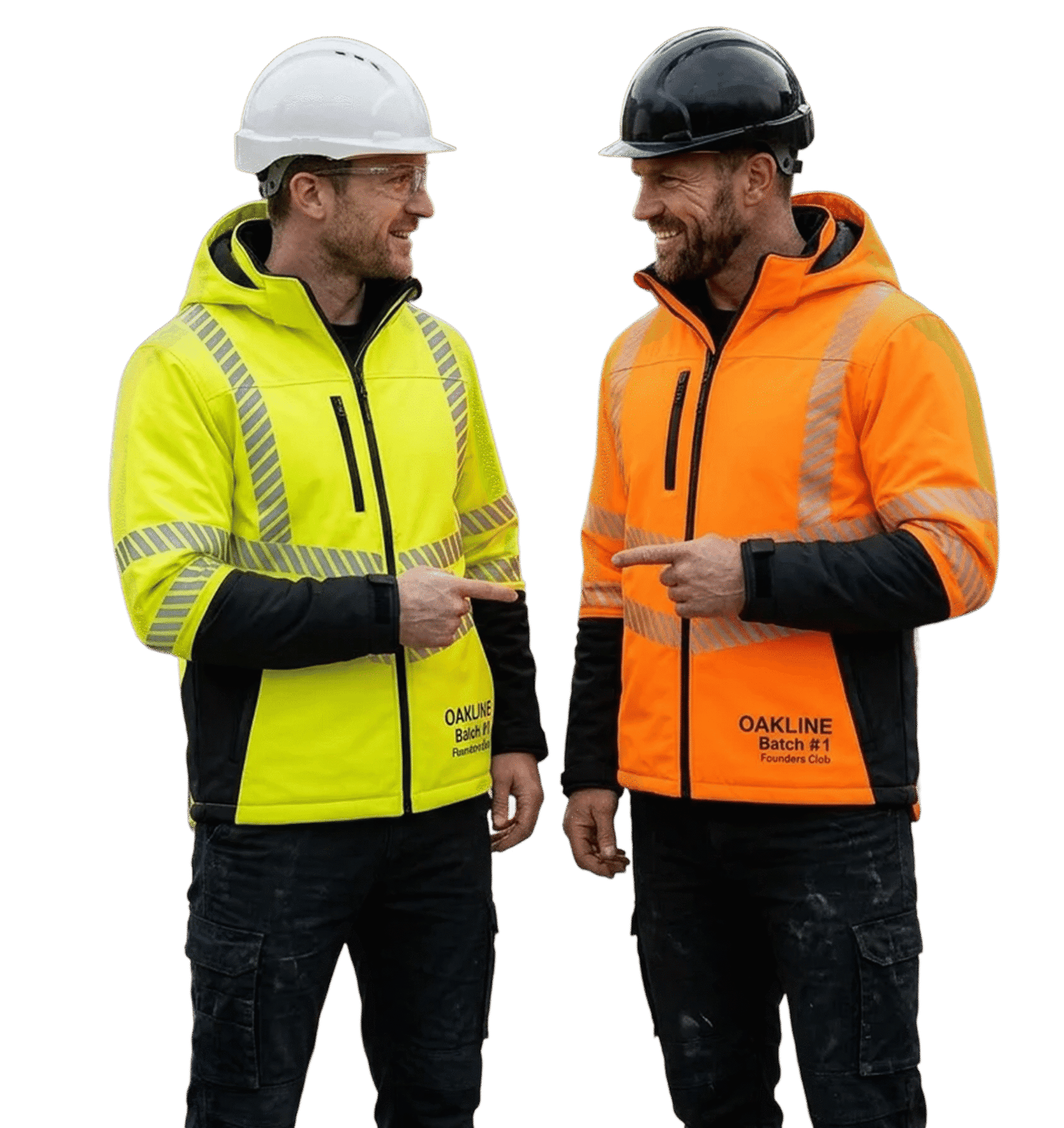 Two construction workers in high-visibility jackets smiling