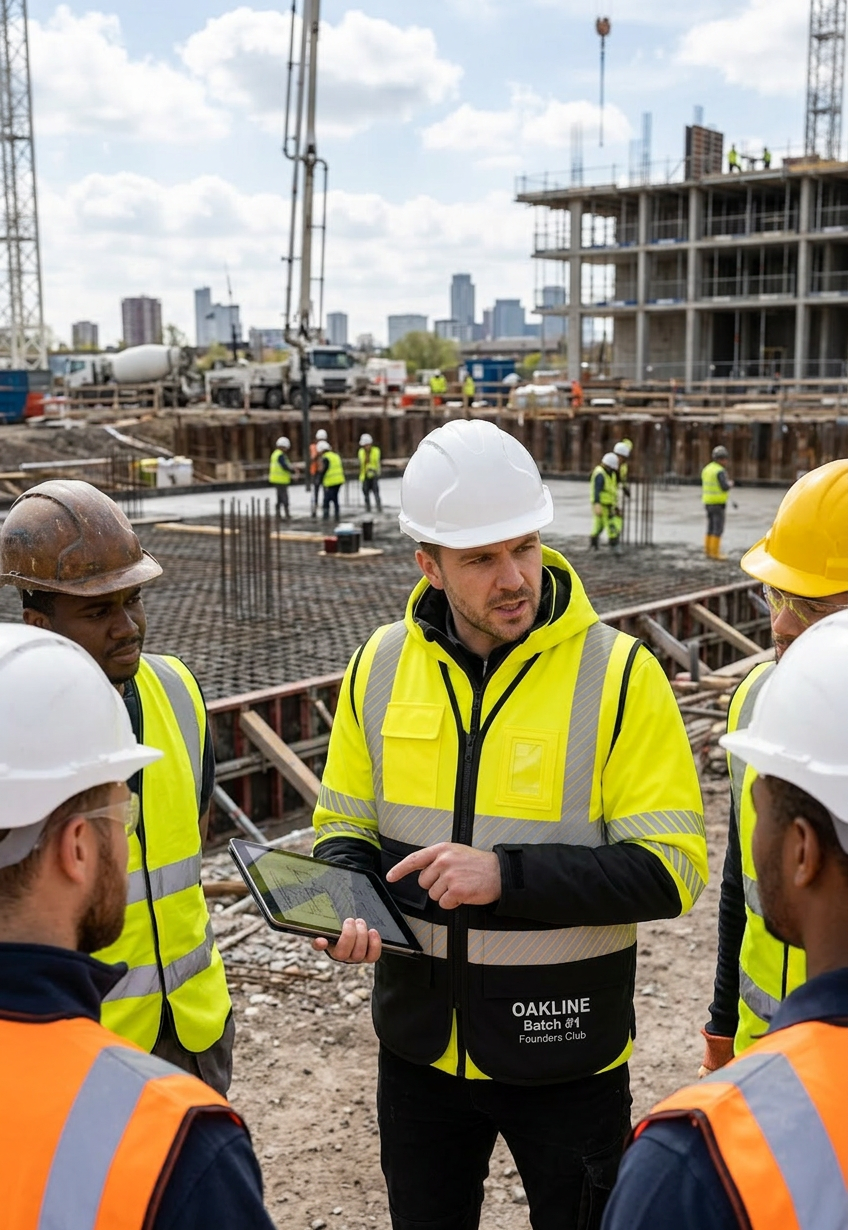 OAKLINE The Blake Hi Vis Executive Vest In Yellow - manager carrying out a meeting on a uk construction site