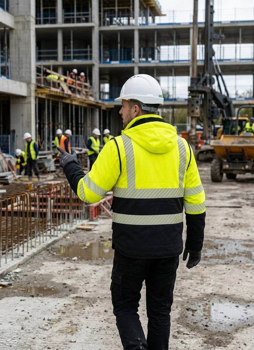 OAKLINE The Blake Hi Vis Executive Vest In Yellow - Rear - walking through a construction site