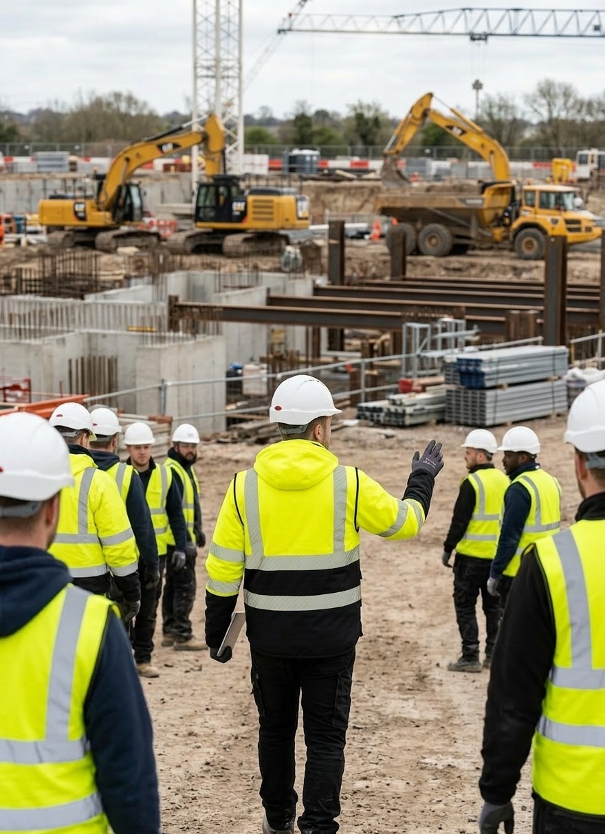 OAKLINE The Blake Hi Vis Executive Vest In Yellow - rear - walking through a construction site