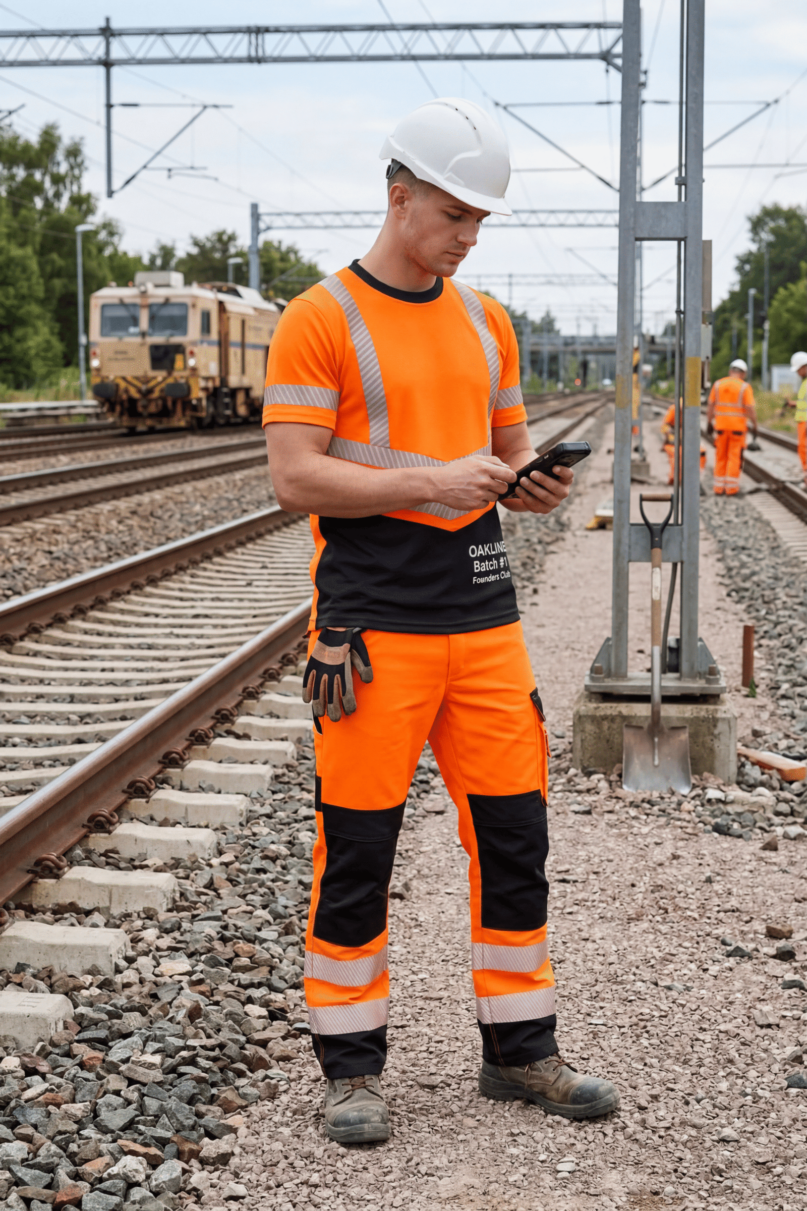 OAKLINE The Robin Hi Vis T Shirt in orange - worker on the rail line - working on phone