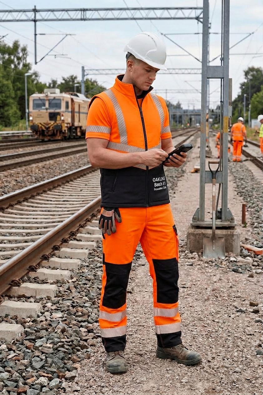 OAKLINE The Tod Hi Vis Bodywarmer in orange - model working on the railway