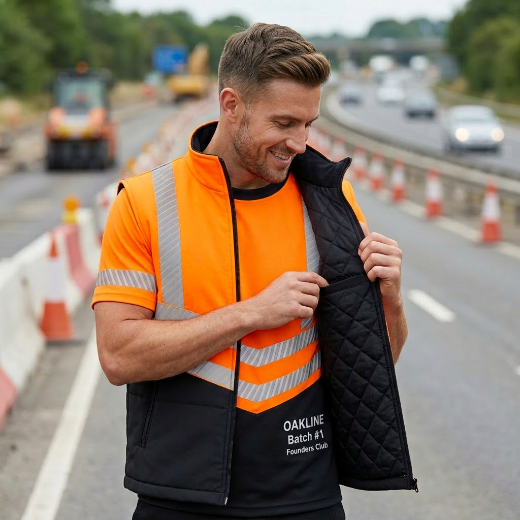 OAKLINE The Tod Hi Vis Bodywarmer in orange - open inner - showcasing the quilted lining