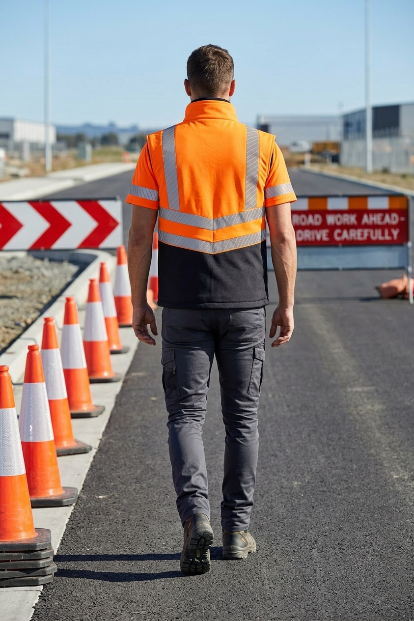 OAKLINE The Tod Hi Vis Bodywarmer in orange - walking alongside traffic cones