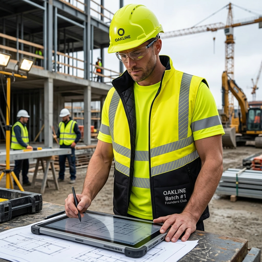 OAKLINE The Tod Hi Vis Bodywarmer in yellow - working on an active construction site