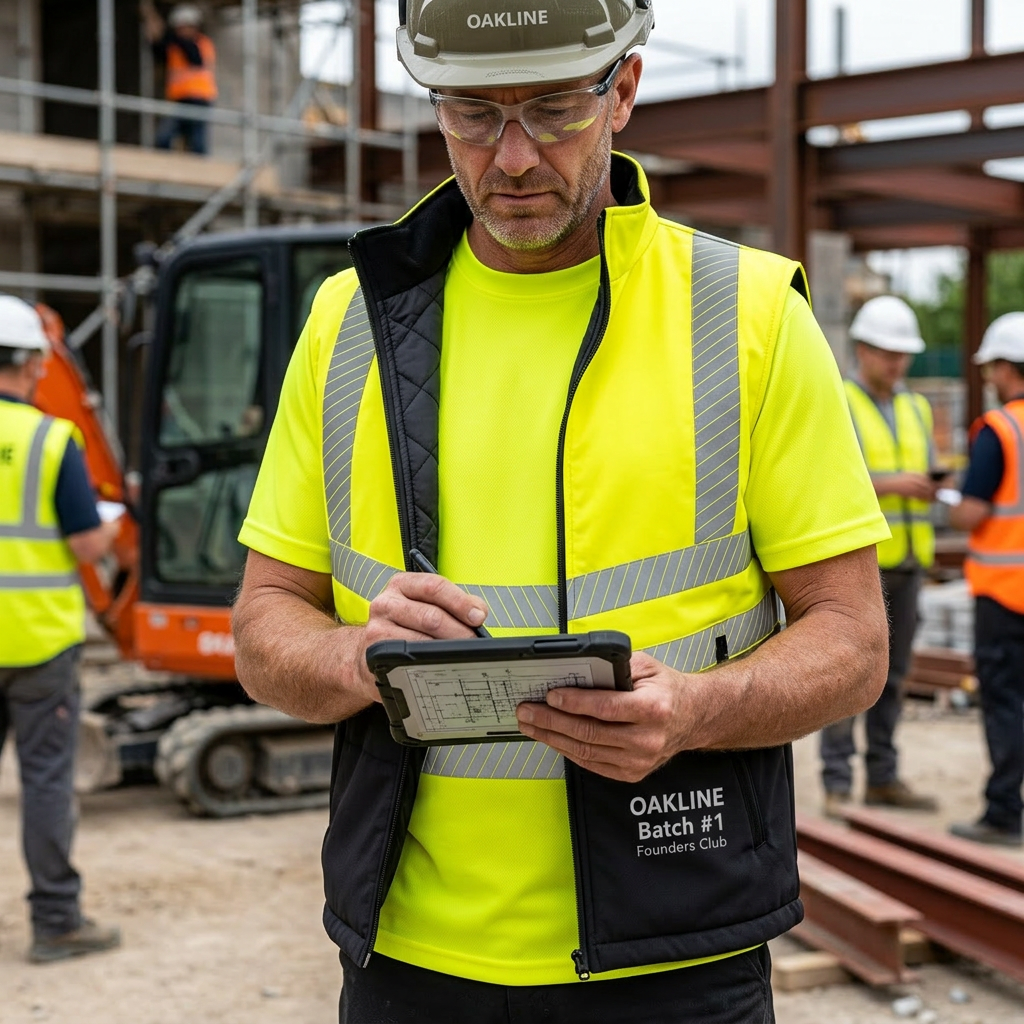 OAKLINE The Tod Hi Vis Bodywarmer in yellow - working on a tablet on site
