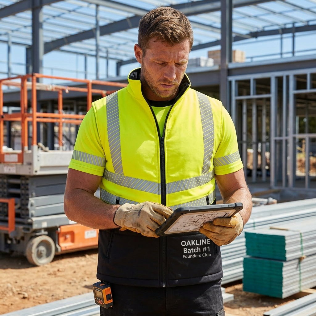 OAKLINE The Tod Hi Vis Bodywarmer in yellow - working on a tablet on a hot day