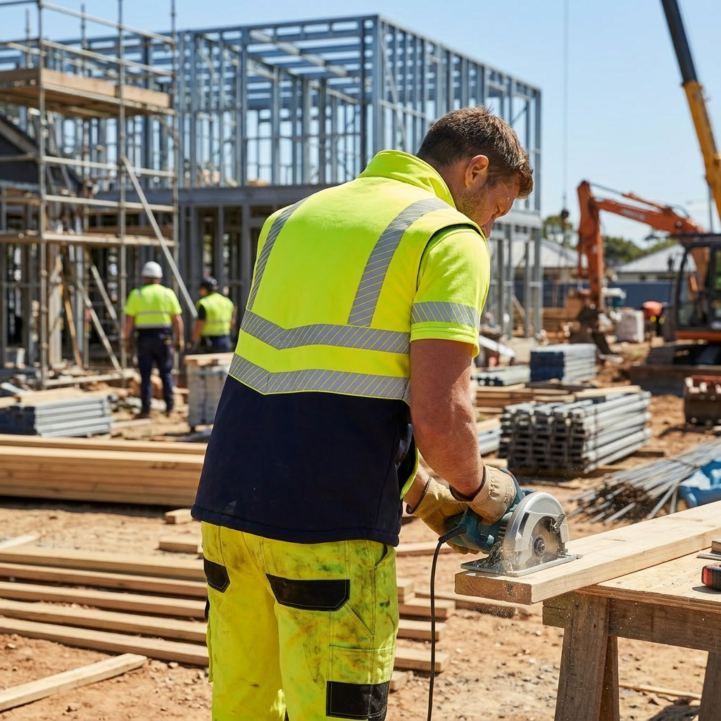 OAKLINE The Tod Hi Vis Bodywarmer in yellow - rear - working on a wooden plank on a hot day